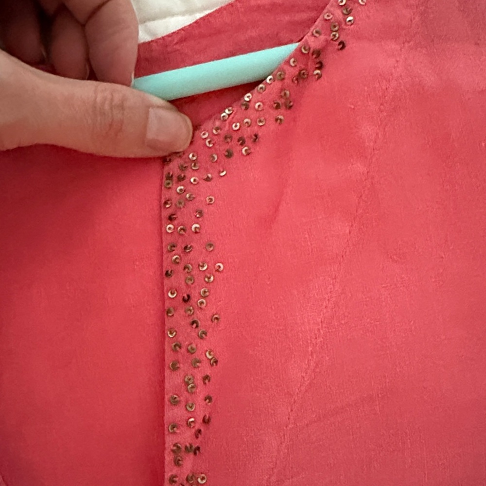 Eileen Fisher Pink Coral V-Neck Linen Top with Sequin Collar - Picture 7 of 9